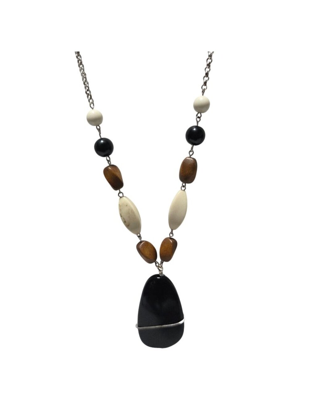 Beaded Necklace Black Wrapped Pendant Brown White Beads Fashion Jewelry Women